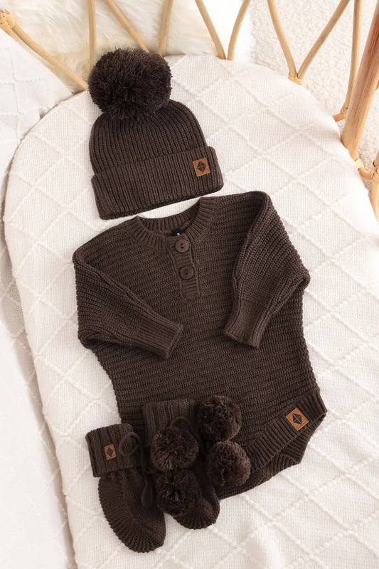 Chunky Knit Romper Set with Beanie & Booties in Espresso