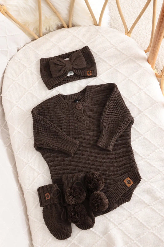 Chunky Knit Romper Set with Bow & Booties in Espresso