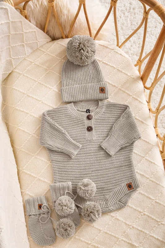 Chunky Knit Romper Set with Beanie & Booties in Almond