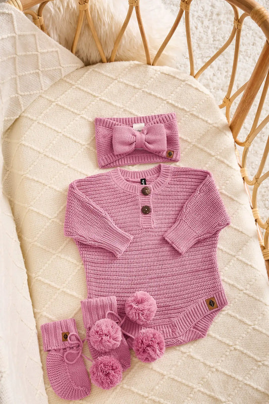 Chunky Knit Romper Set with Bow & Booties in Apple Blossom