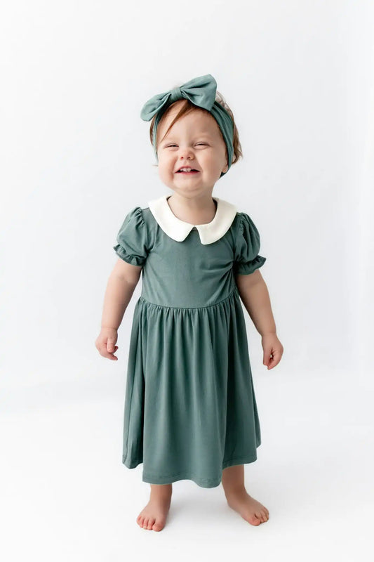 Peter Pan Collar Bodysuit Dress in Pine